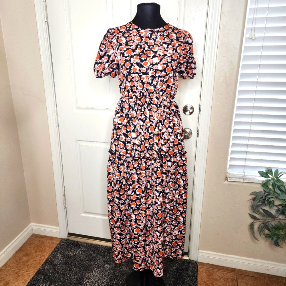 Roolee Floral Tiered Maxi Dress | Black, Cream, Red, Size XXS